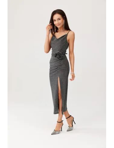 Holly – elegantes Maxikleid mit Raffungen und hohem Schlitz in Dunkel-Silber | Roco Fashion