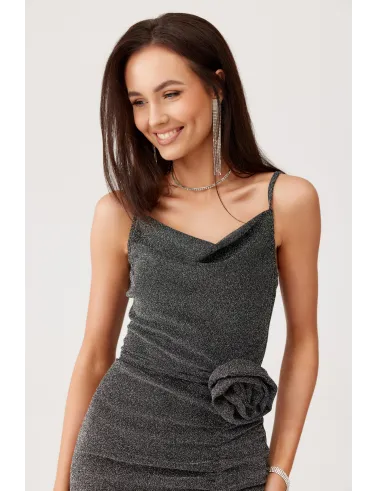 Holly – elegantes Maxikleid mit Raffungen und hohem Schlitz in Dunkel-Silber | Roco Fashion