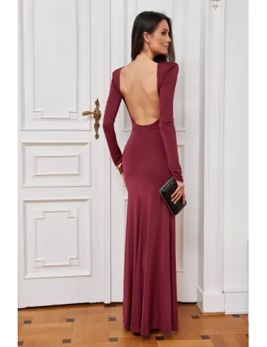 Veloria - bordowa sukienka maxi z wycięciem na plecach, rozcięciem i długim rękawem | Roco Fashion