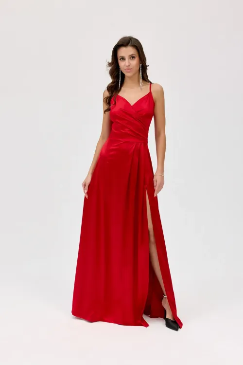 Salma – rotes Satinkleid Maxi mit Wickelausschnitt | Roco Fashion
