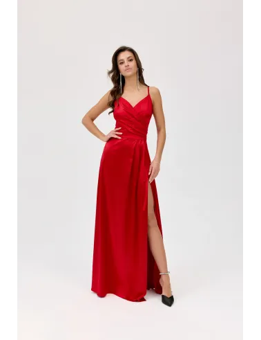 Salma – rotes Satinkleid Maxi mit Wickelausschnitt | Roco Fashion