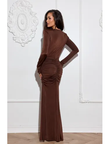 Ariella - elegantes Maxikleid mit Raffungen und hohem Schlitz in Braun | Roco Fashion