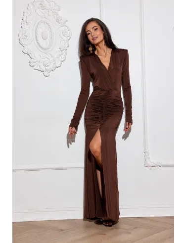 Ariella - elegantes Maxikleid mit Raffungen und hohem Schlitz in Braun | Roco Fashion