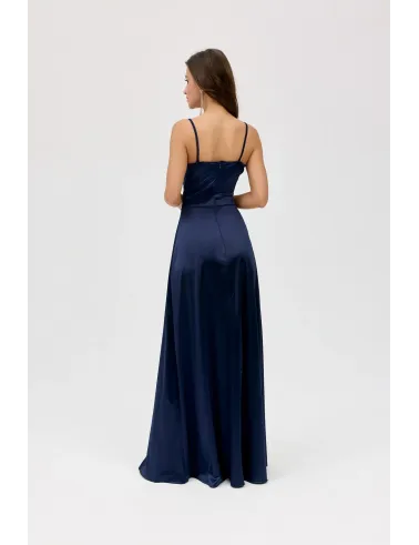 Salma – dunkelblaues Satinkleid Maxi mit Wickelausschnitt | Roco Fashion