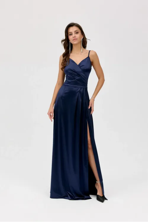 Salma – dunkelblaues Satinkleid Maxi mit Wickelausschnitt | Roco Fashion