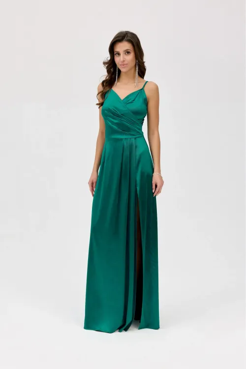 Salma – grünes Satinkleid Maxi mit Wickelausschnitt | Roco Fashion