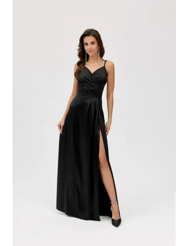 Salma – schwarzes Satinkleid Maxi mit Wickelausschnitt | Roco Fashion