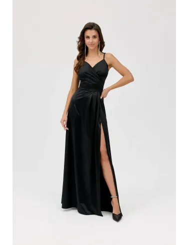 Salma – schwarzes Satinkleid Maxi mit Wickelausschnitt | Roco Fashion