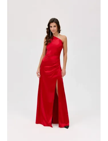 Inez – rotes Satinkleid Maxi mit asymmetrischem Ausschnitt | Roco Fashion