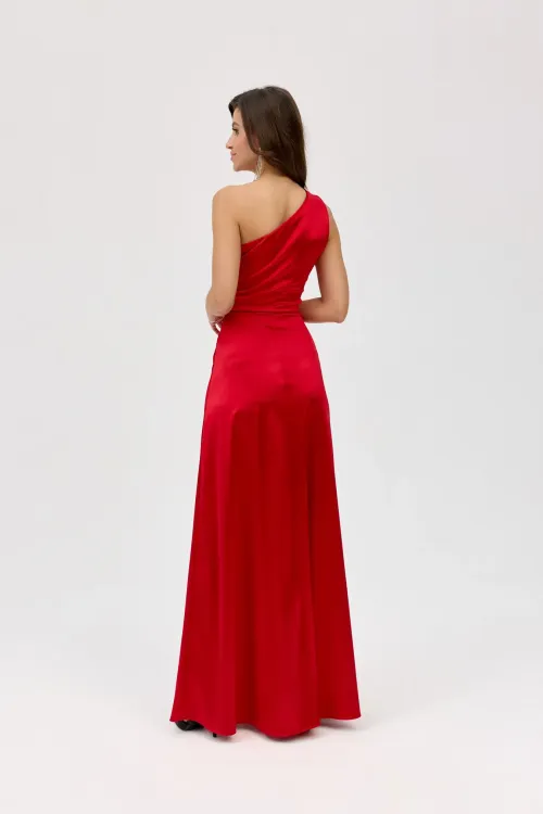 Inez - elegantes One-Shoulder Maxikleid mit Schlitz in Rot