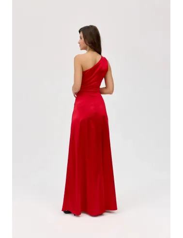 Inez – rotes Satinkleid Maxi mit asymmetrischem Ausschnitt | Roco Fashion