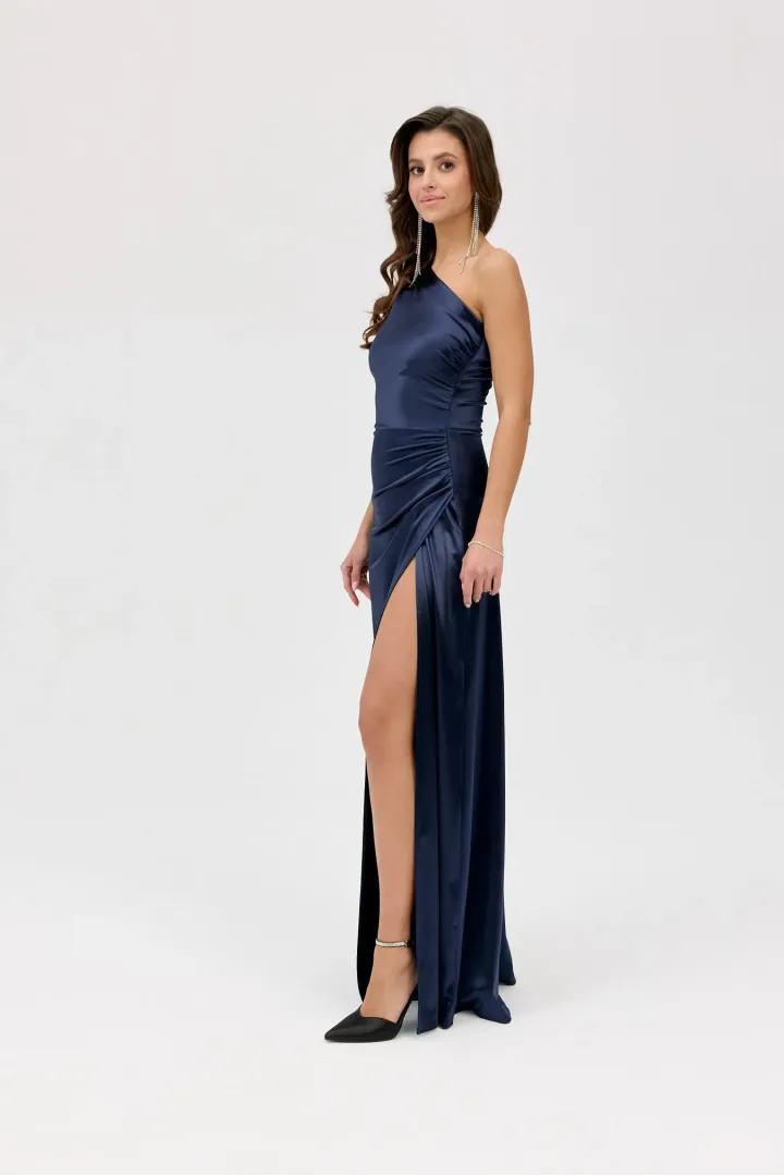 Inez - elegantes One-Shoulder Maxikleid mit Schlitz in Marine