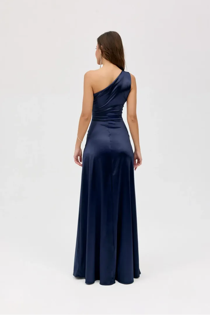 Inez - elegantes One-Shoulder Maxikleid mit Schlitz in Marine