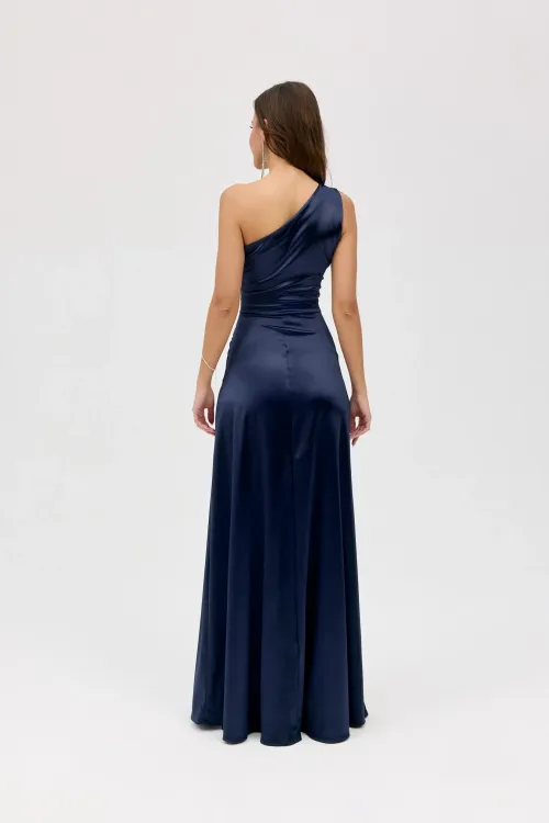 Inez - elegantes One-Shoulder Maxikleid mit Schlitz in Marine