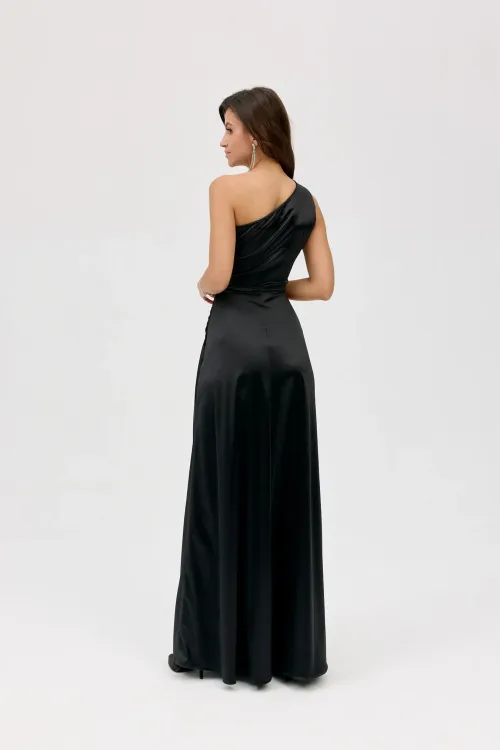 Inez - elegantes One-Shoulder Maxikleid mit Schlitz in Schwarz