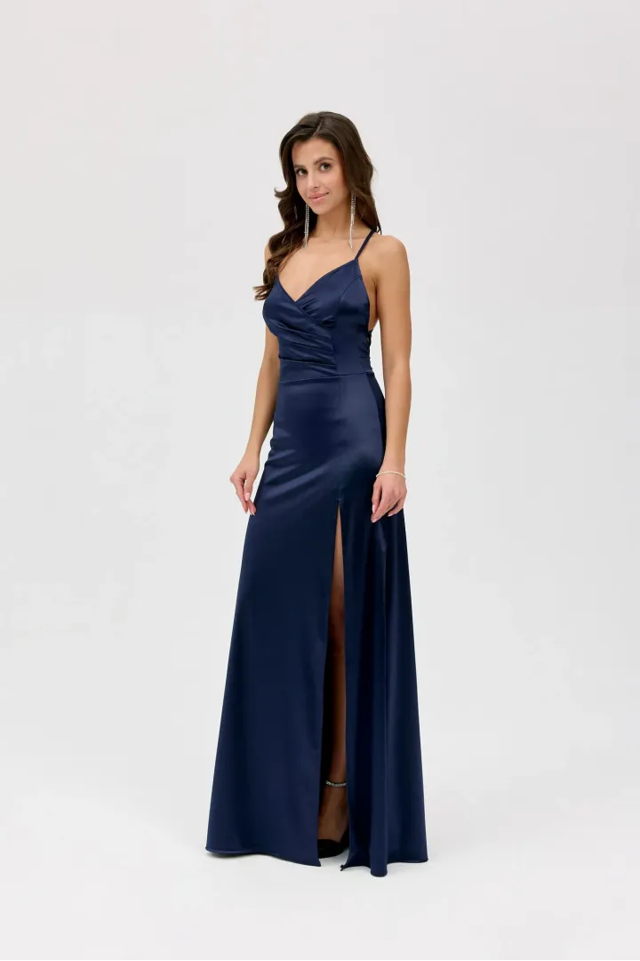 Alessandra – marineblaues Satinkleid Maxi mit Rückenausschnitt