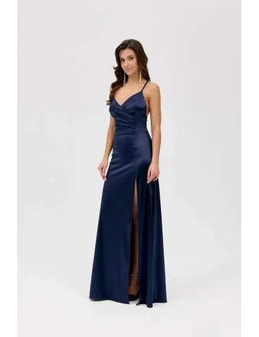 Alessandra – granatowa satynowa sukienka maxi z wycięciem na plecach | Roco Fashion