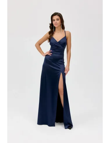 Alessandra – granatowa satynowa sukienka maxi z wycięciem na plecach | Roco Fashion