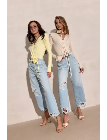 Diana - Gelbes Body mit tiefem V-Ausschnitt und Schleife | Roco Fashion