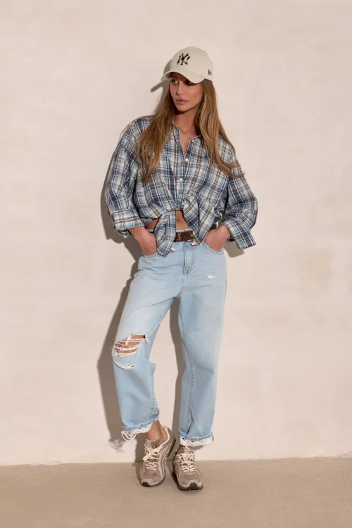Salina – oversize koszula w kratę z długim rękawem | Roco Fashion