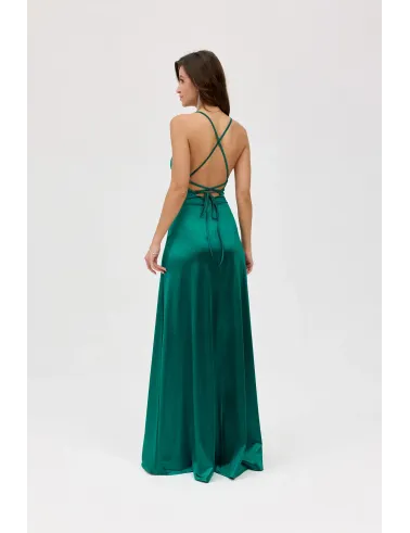 Alessandra – zielona satynowa sukienka maxi z wycięciem na plecach | Roco Fashion