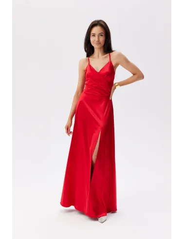 Serena – rotes Satinkleid Maxi mit Taillengummi | Roco Fashion