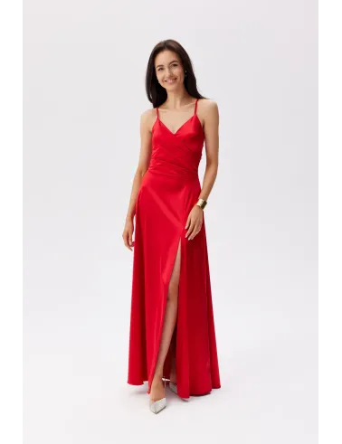 Serena – rotes Satinkleid Maxi mit Taillengummi | Roco Fashion