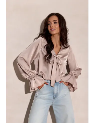 Soraya – elegante Damenbluse mit Bindeschleife und langen Ärmeln in Hellbeige | Roco Fashion
