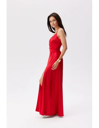 Serena – rotes Satinkleid Maxi mit Taillengummi | Roco Fashion