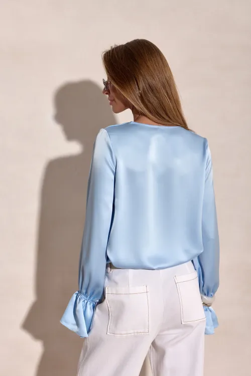 Soraya - elegante Damenbluse mit Bindeschleife und langen Ärmeln in Himmelblau