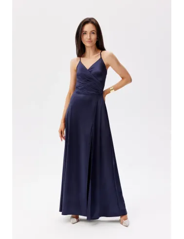 Serena – dunkelblaues Satinkleid Maxi mit Taillengummi | Roco Fashion