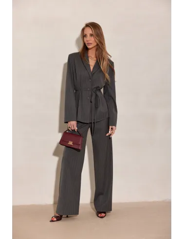 Anette – eleganckie spodnie z wysokim stanem i szeroką nogawką, szare | Roco Fashion