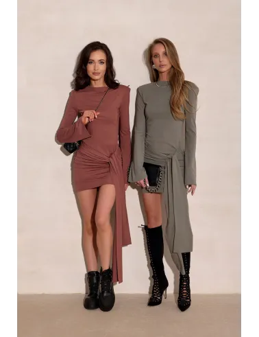 Nevira – Minikleid mit Drapierung und Bindeschleife in Khaki | Roco Fashion