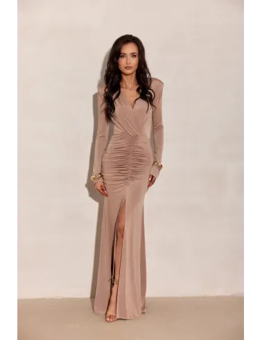 Ariella – elegantes Maxikleid in Cappuccino mit Raffungen & hohem Schlitz | Roco Fashion