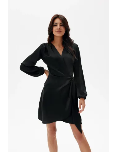 Catlin – schwarzes satiniertes Minikleid mit Bindegürtel | Roco Fashion