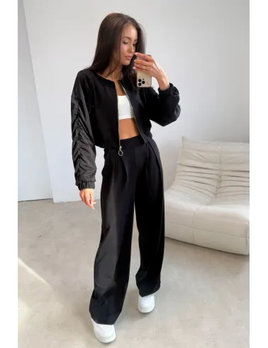 Arlena – elegante Damenhose mit weitem Bein und betonter Taille in Schwarz | Roco Fashion