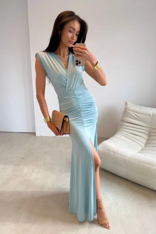 Noelia – Lange elegante Abendkleid in Mint mit Drapierung & Beinschlitz | Roco Fashion