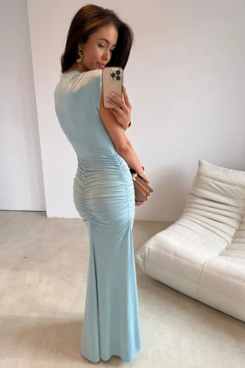 Noelia - Lange elegante Abendkleid mit Drapierung und Beinschlitz in Mint