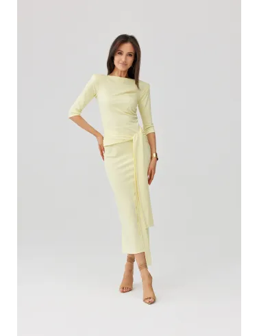 Lidiana – Elegantes Midikleid Gelb mit Taillenbindung & 3/4-Ärmeln | Roco Fashion