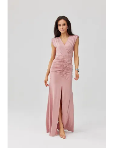 Noelia – Lange elegante Abendkleid in Rosa mit Drapierung & Beinschlitz | Roco Fashion