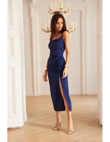 Maribel – marineblaues Midikleid mit Rose | Roco Fashion