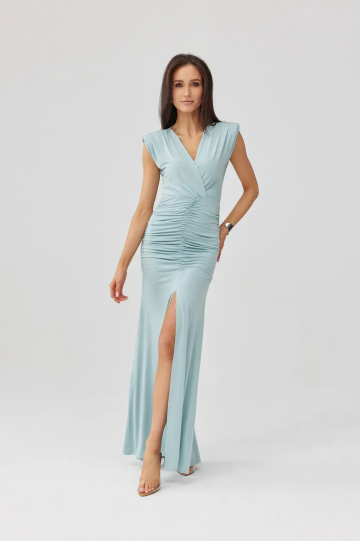 Noelia - Lange elegante Abendkleid mit Drapierung und Beinschlitz in Mint