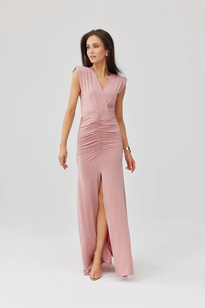 Noelia - Lange elegante Abendkleid mit Drapierung und Beinschlitz in Rosa