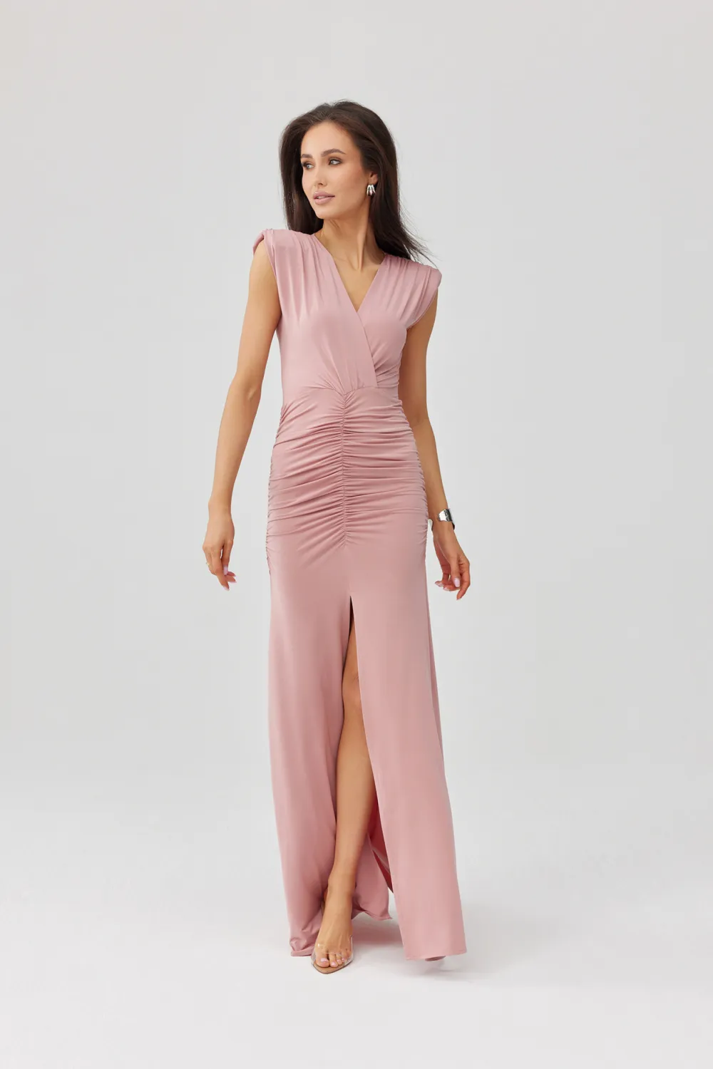 Noelia – Lange elegante Abendkleid in Rosa mit Drapierung & Beinschlitz | Roco Fashion