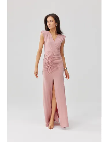 Noelia – Lange elegante Abendkleid in Rosa mit Drapierung & Beinschlitz | Roco Fashion