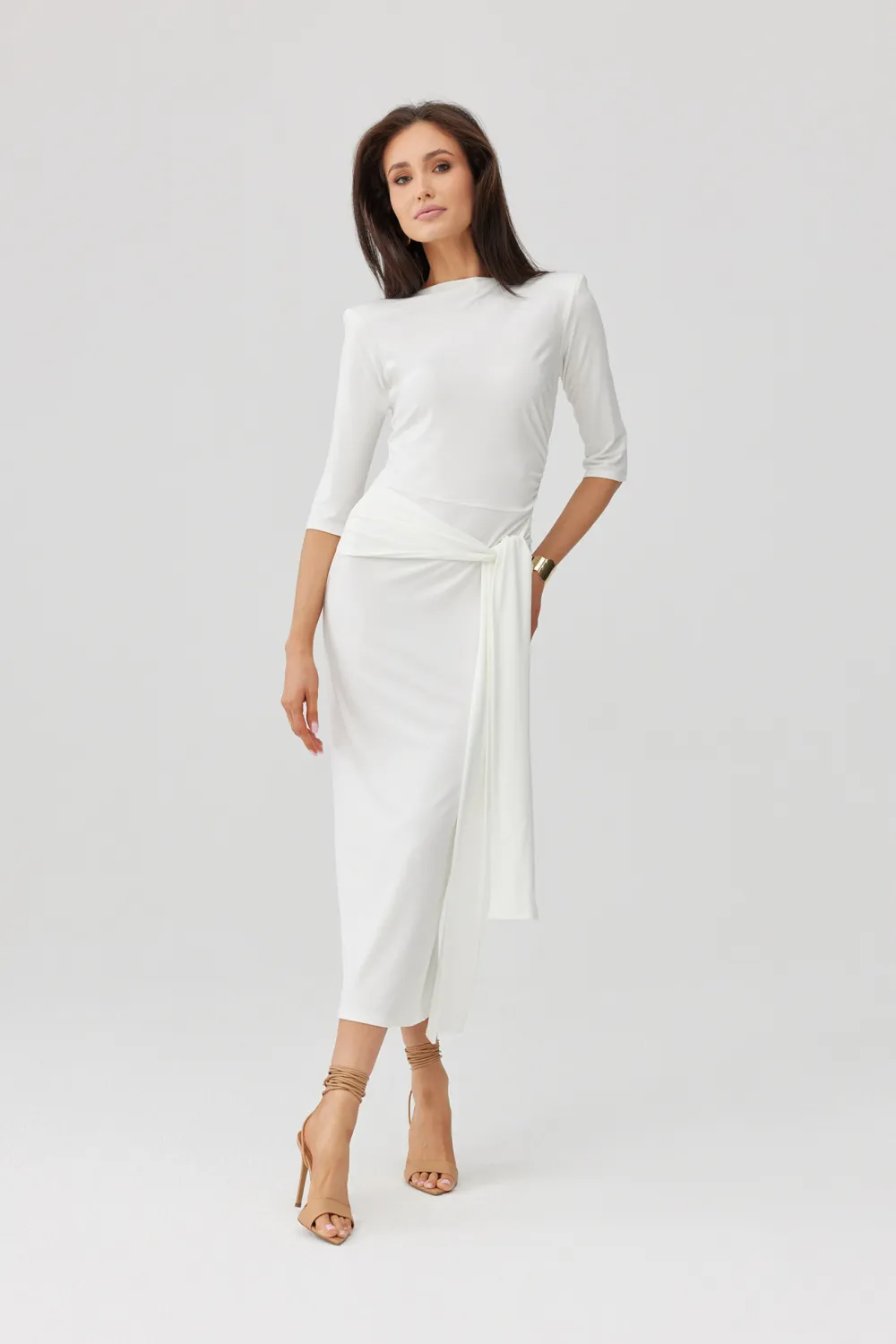 Lidiana – Elegantes Midikleid in Ecru mit Taillenbindung & 3/4-Ärmeln | Roco Fashion