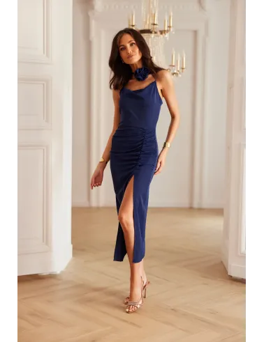 Maribel – marineblaues Midikleid mit Rose | Roco Fashion