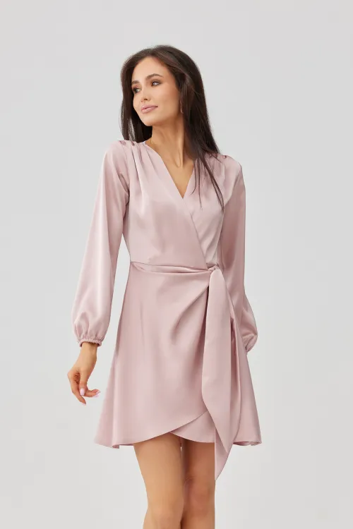 Catlin – Elegantes Mini Wickelkleid mit Taillenband & langen Ärmeln in Rosa | Roco Fashion