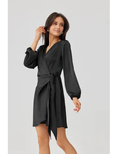 Catlin – Elegantes schwarzes Mini Wickelkleid mit Taillenband & langen Ärmeln | Roco Fashion