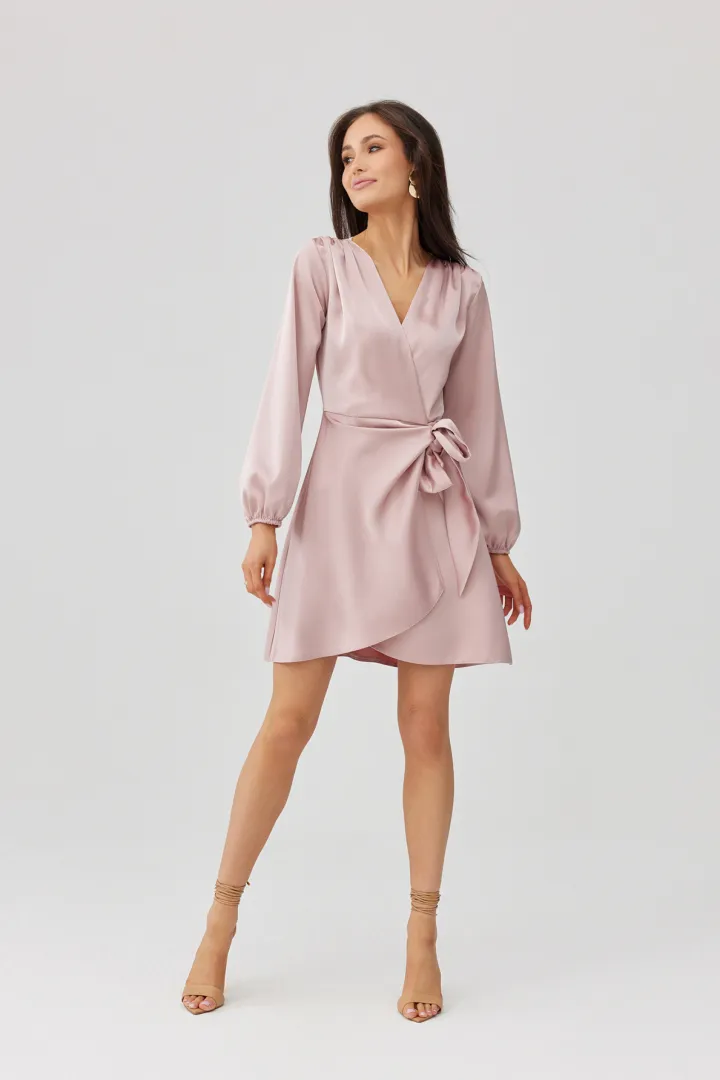 Catlin - Elegantes Mini Wickelkleid mit Taillenband und langen Ärmeln in Rosa